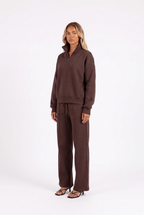 Coffee brown quarter-zip sweatshirt and wide-leg sweatpant set — three-quarter