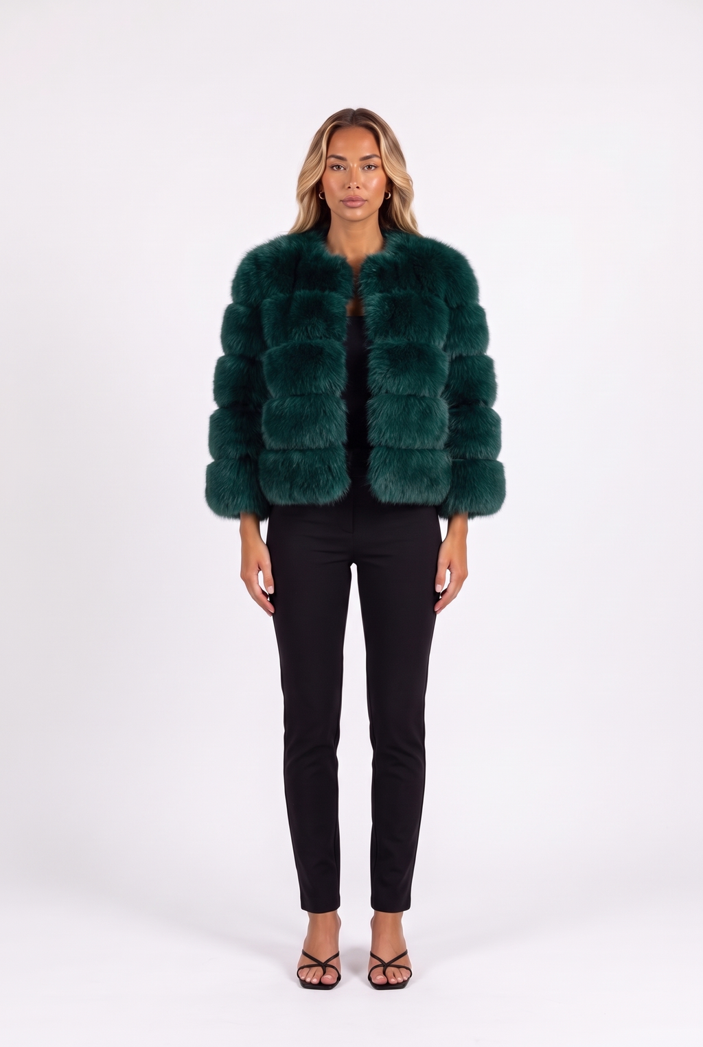 Dark Green cropped faux fur jacket with three-quarter sleeves — front